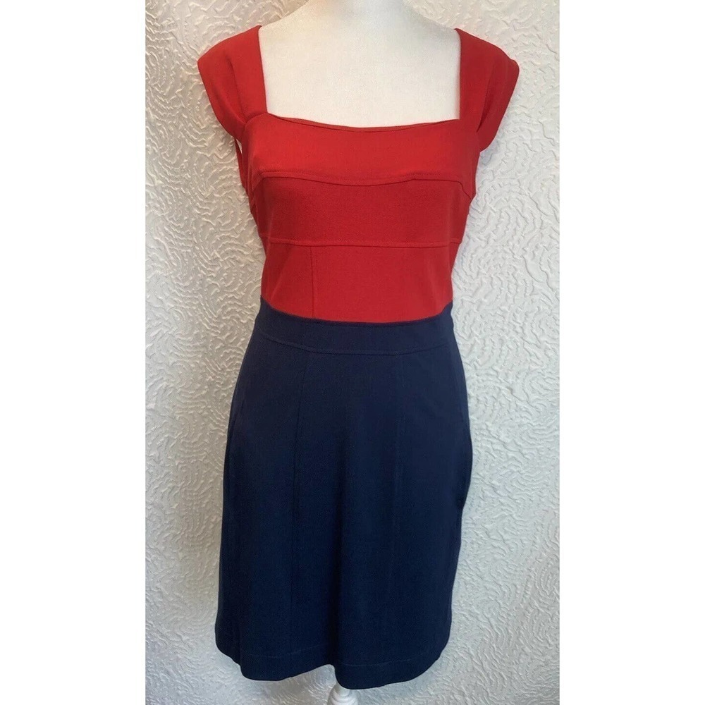 Anthropologie Girls From Savoy Dress 0 Red Blue Square Neck Sleeveless Zipped